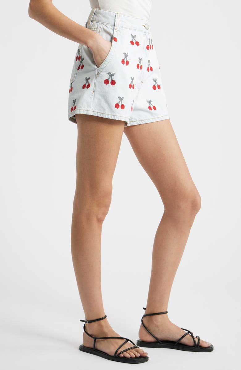 FARM Rio Cherry Embroidered High Waist Denim Shorts, Alternate, color, Denim