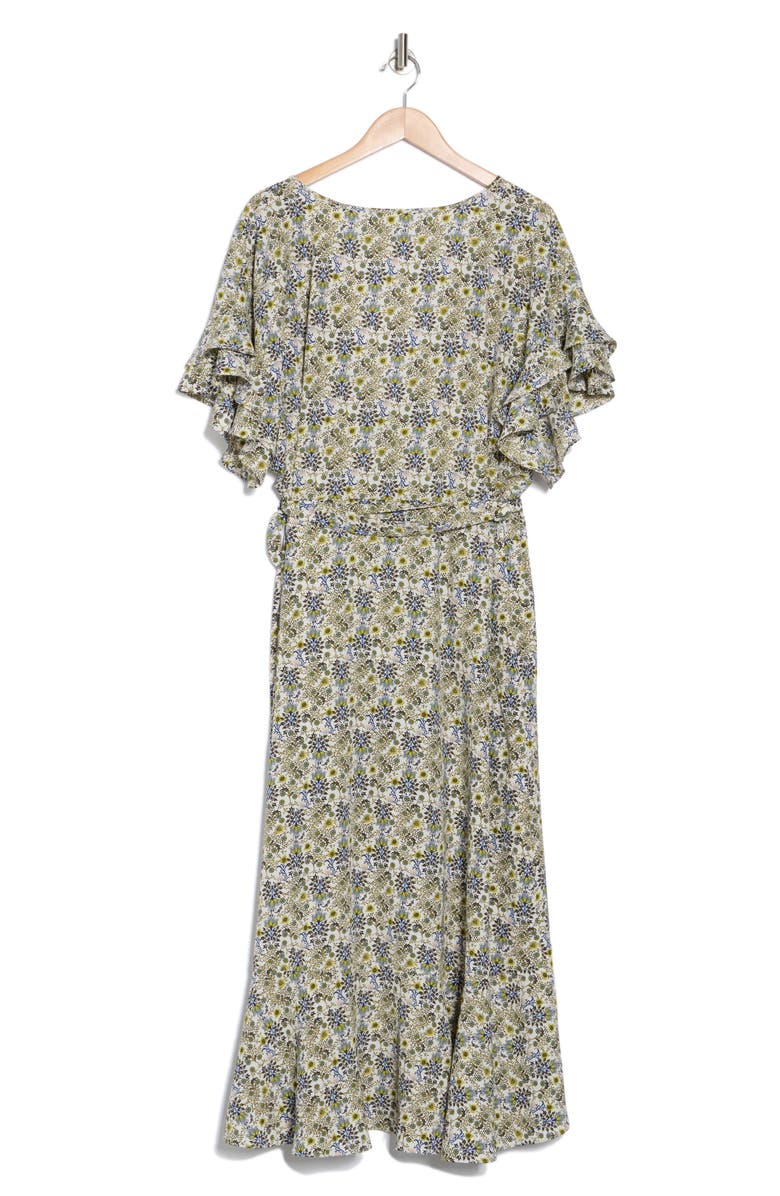 MAX STUDIO Short Sleeve Wrapped Midi Dress, Alternate, color, Birch/ Green/ Blue Folk Flower
