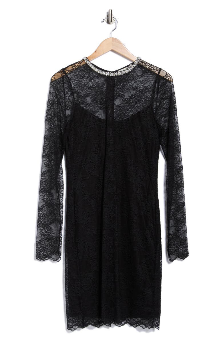Alice + Olivia Delora Faux Pearl Embellished Long Sleeve Lace Dress, Alternate, color, Black