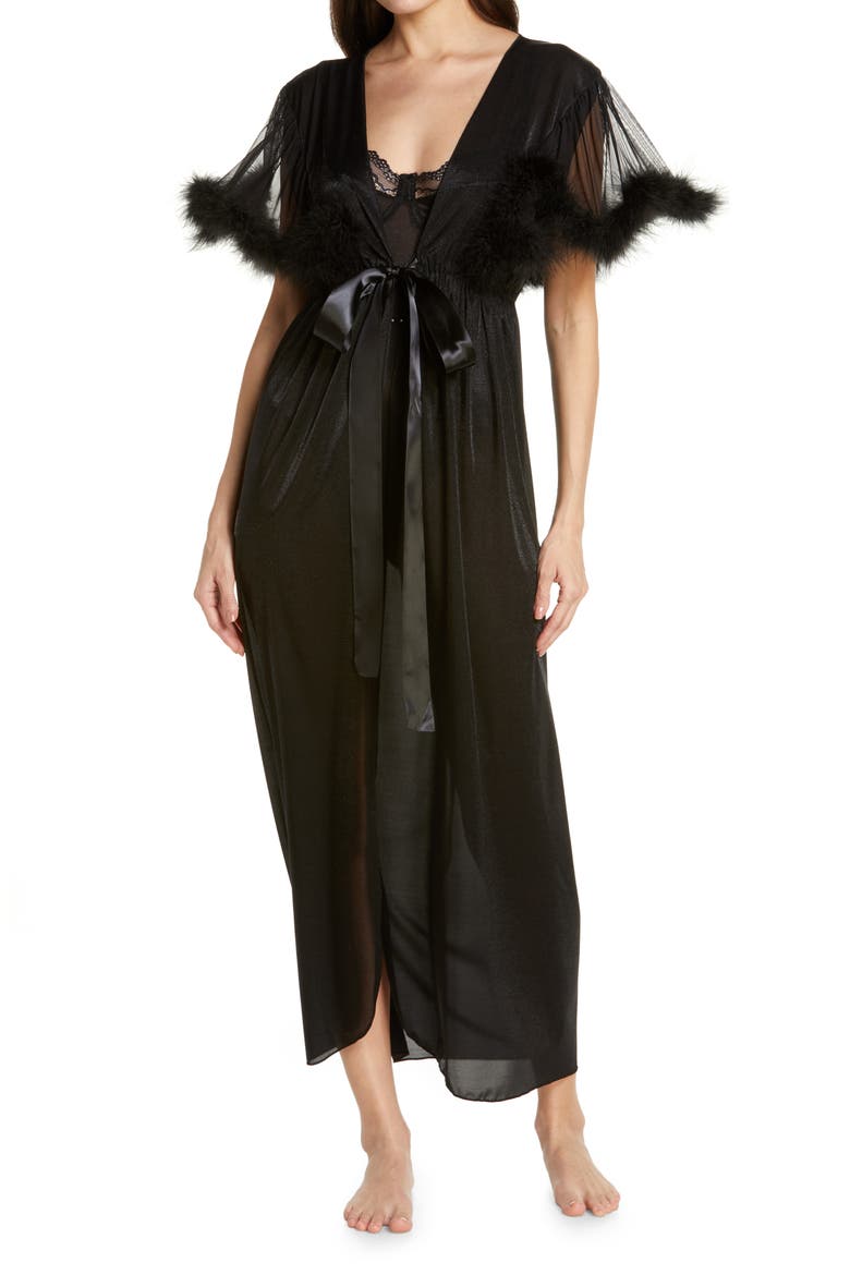 Feather Trim Robe, Main, color, BLACK