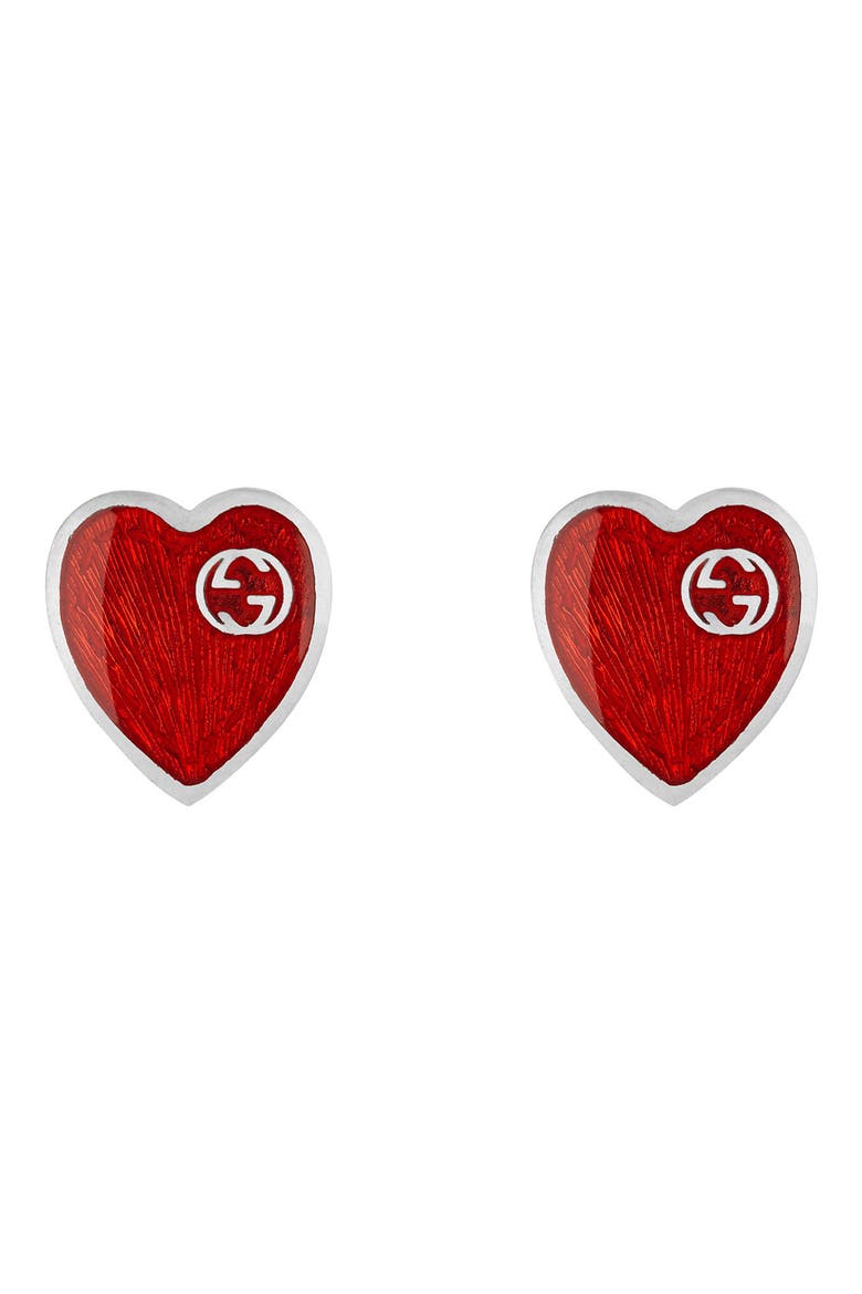 Extra Small Interlocking-G Red Heart Stud Earrings, Main, color, SILVER/ RED