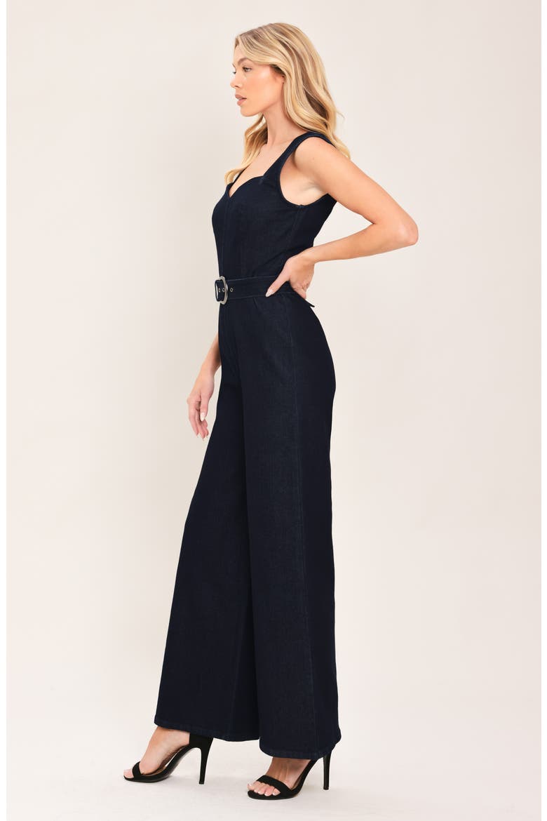 Sweetheart Neck Belted Denim Jumpsuit, Alternate, color, DARK INDIGO