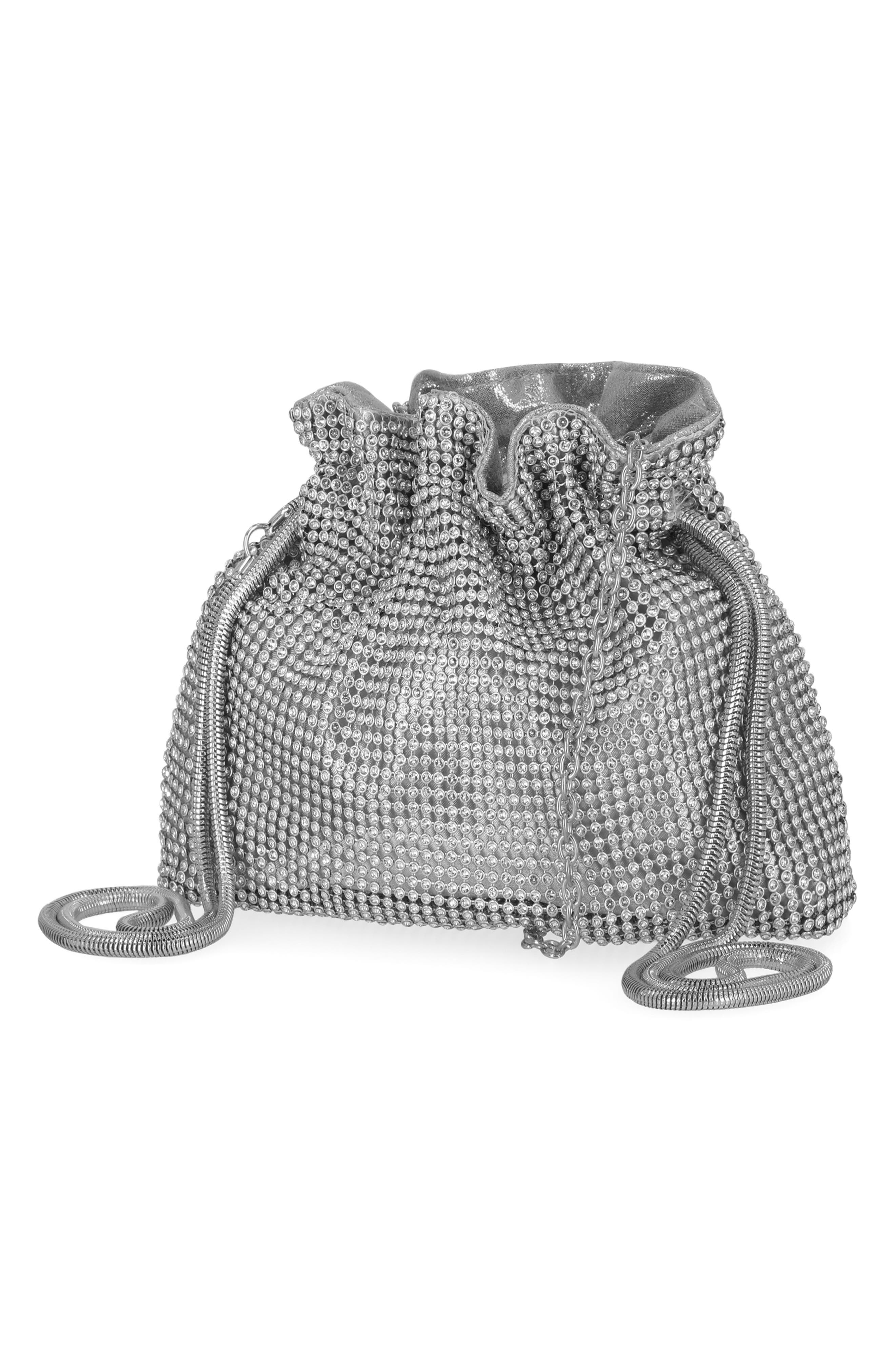 Jessica McClintock Maxine Drawstring Rhinestone Clutch, Alternate, color, 42N-Silver