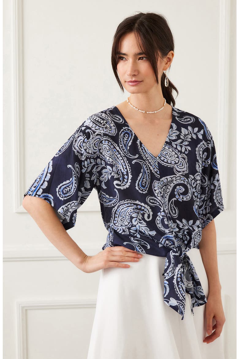 Paisley Flutter Sleeve Tie Front Top, Alternate, color, PAISLEY