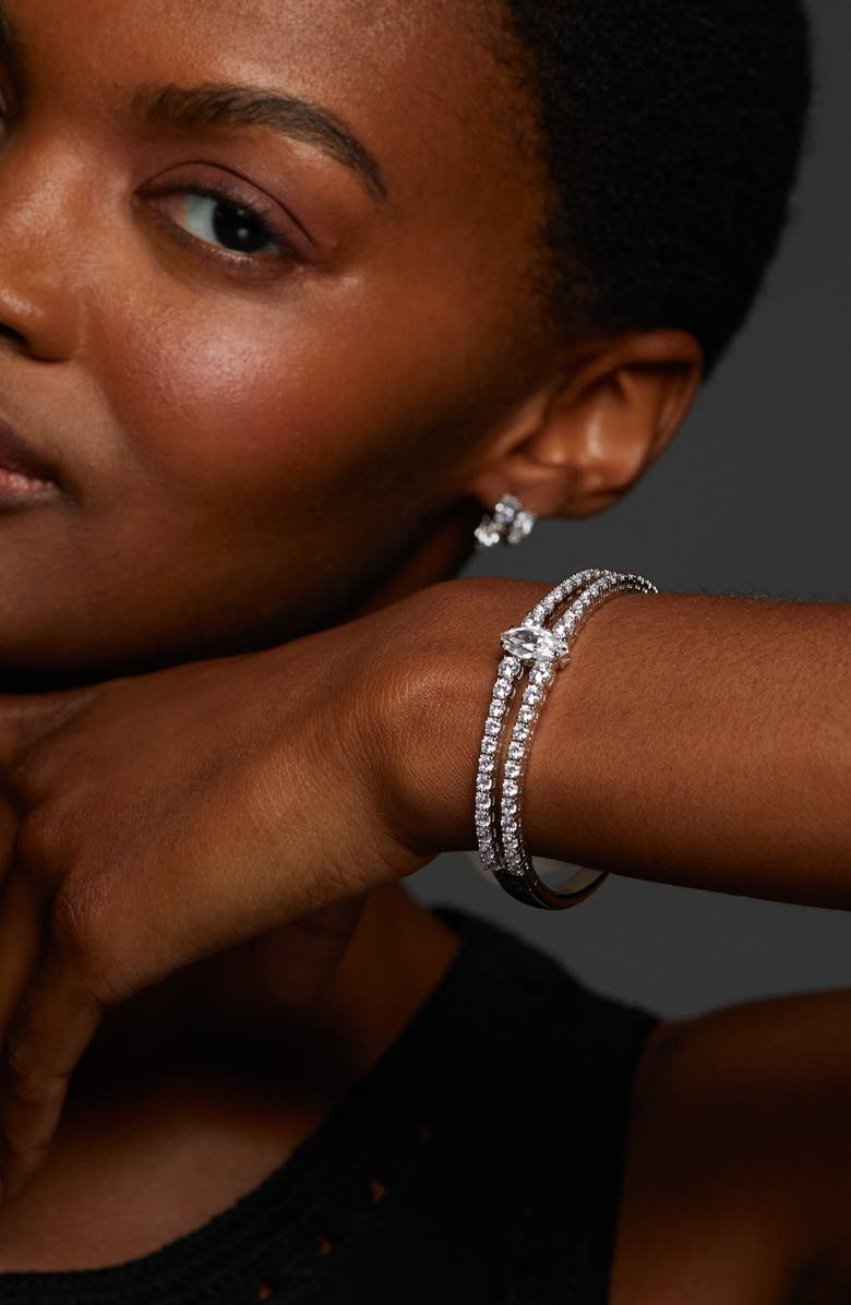 Nadri Everleigh Cubic Zirconia Hinged Bangle Bracelet, Alternate, color, Rhodium