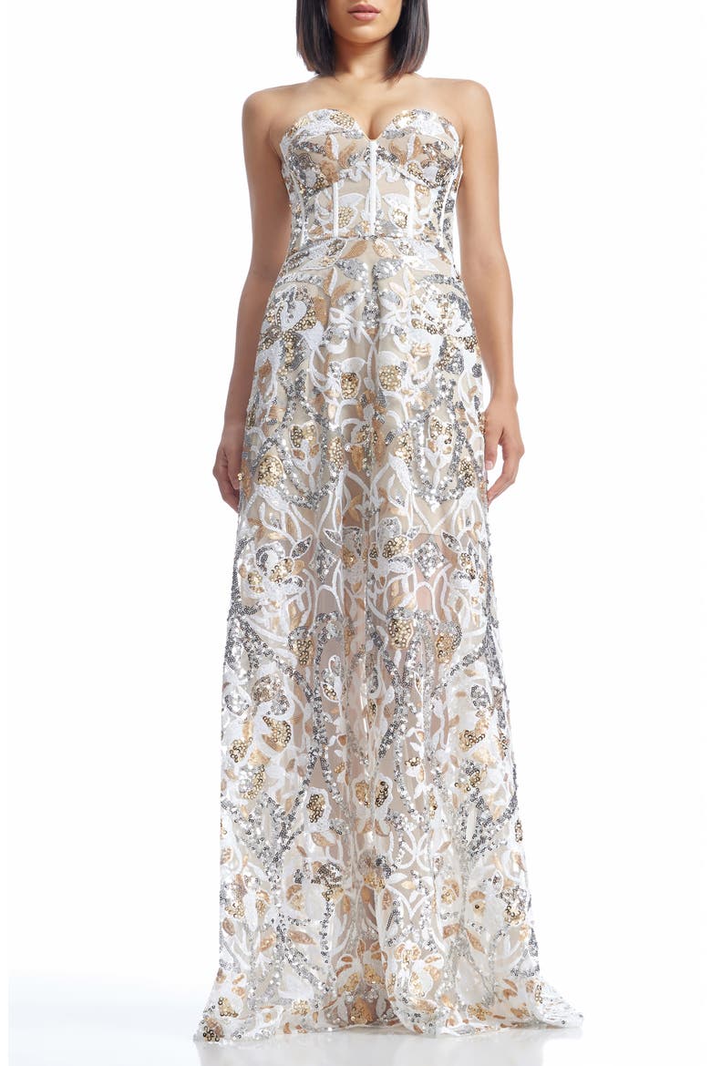 Daven Sequin Mixed Print Strapless Gown, Main, color, GOLD MULTI