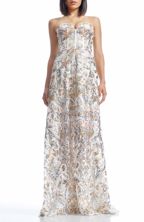 Daven Sequin Mixed Print Strapless Gown