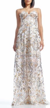 Dress the Population Daven Sequin Mixed Print Strapless Gown
