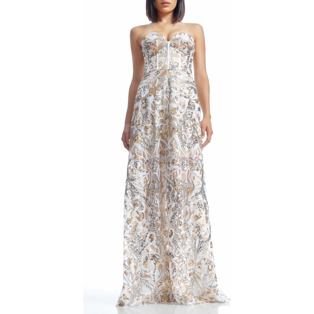 Dress The Population Daven Sequin Mixed Print Strapless Gown In Gold Multi