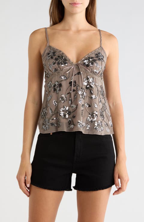 Sequin Floral Embroidered Lace Trim Camisole