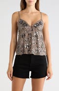Madden Girl Sequin Floral Embroidered Lace Trim Camisole