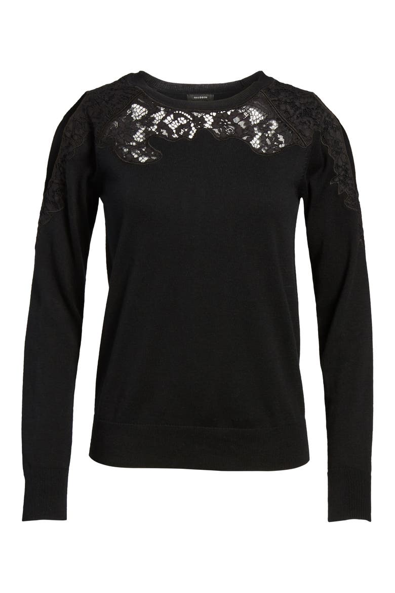 LACE DETAIL COLD SHOULDER SWEATER, Alternate, color, BLACK