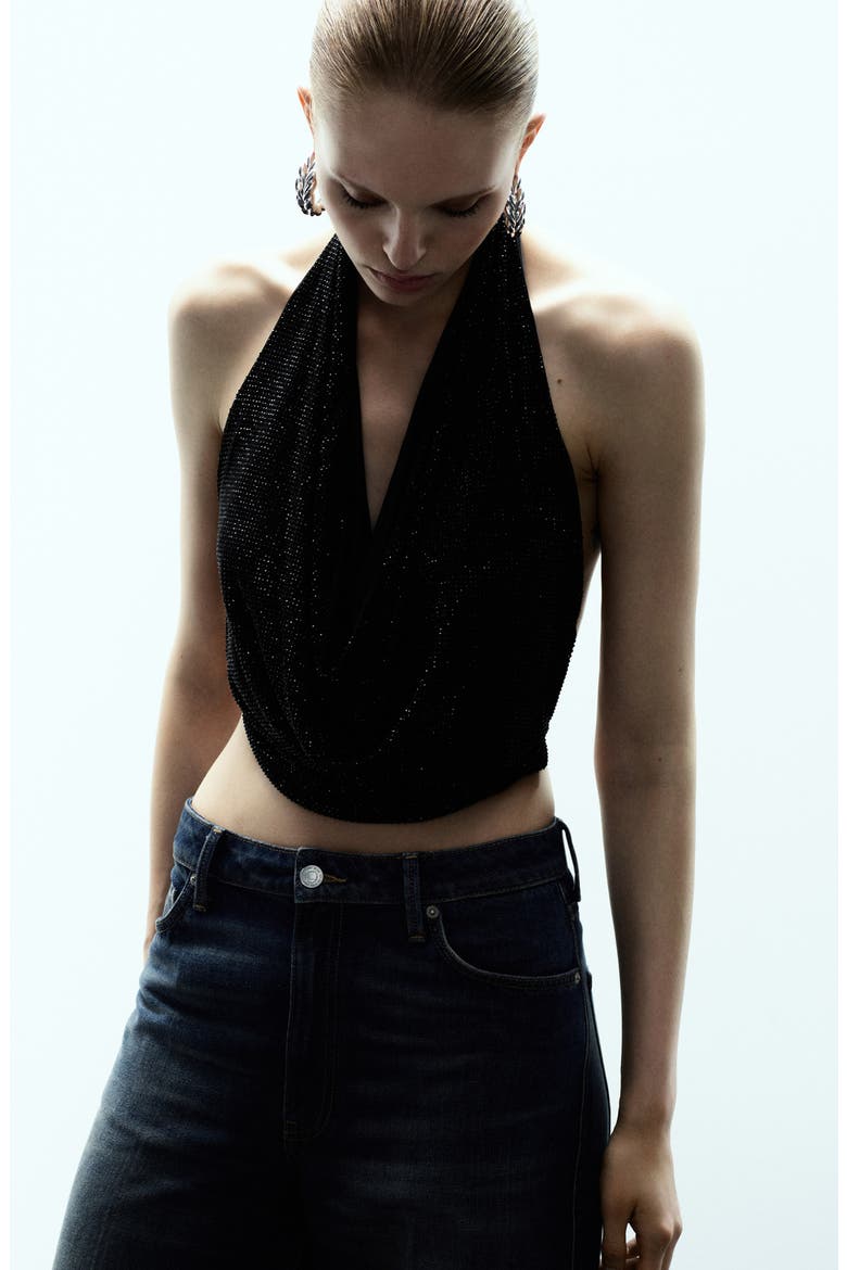 x Kaia Gerber Drape Crystal Halter Top, Alternate, color, BLACK