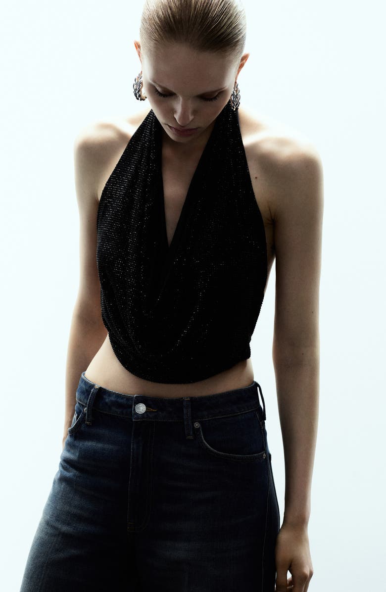 MANGO x Kaia Gerber Drape Crystal Halter Top, Alternate, color, Black