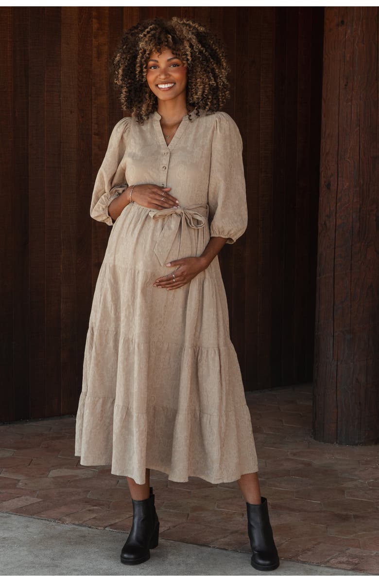 PinkBlush Floral Jacquard Button Front Tiered Dress, Main, color, Taupe