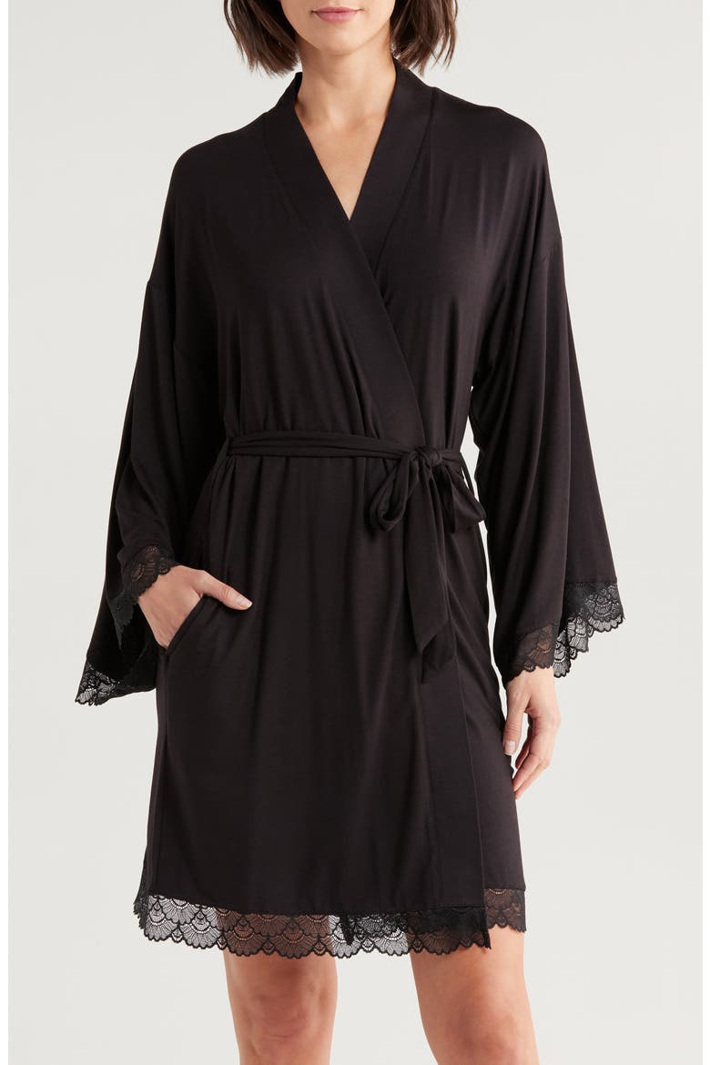 Moonlight Eco Lace Trim Robe, Main, color, BLACK