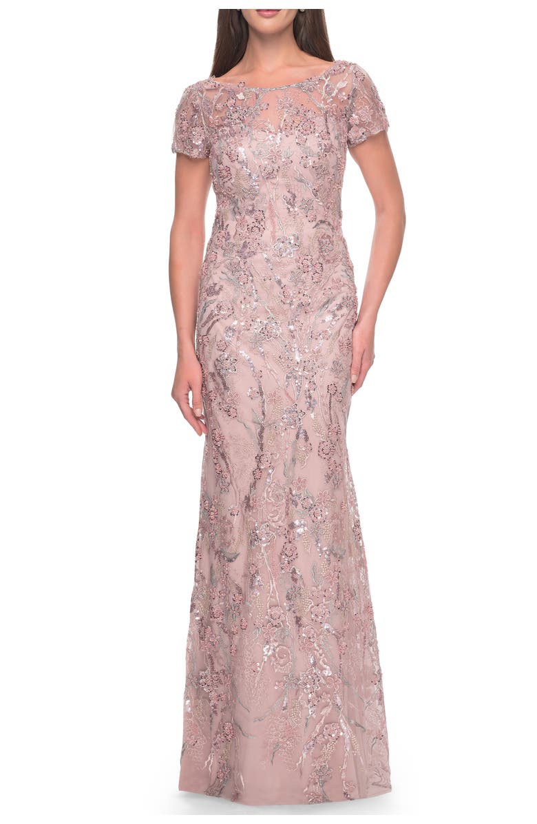La Femme Stunning Beaded Lace Evening Gown with Short Sleeves, Main, color, Mauve