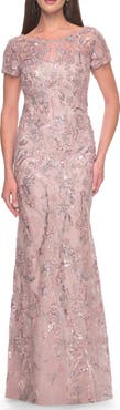 La Femme Stunning Beaded Lace Evening Gown with Short Sleeves