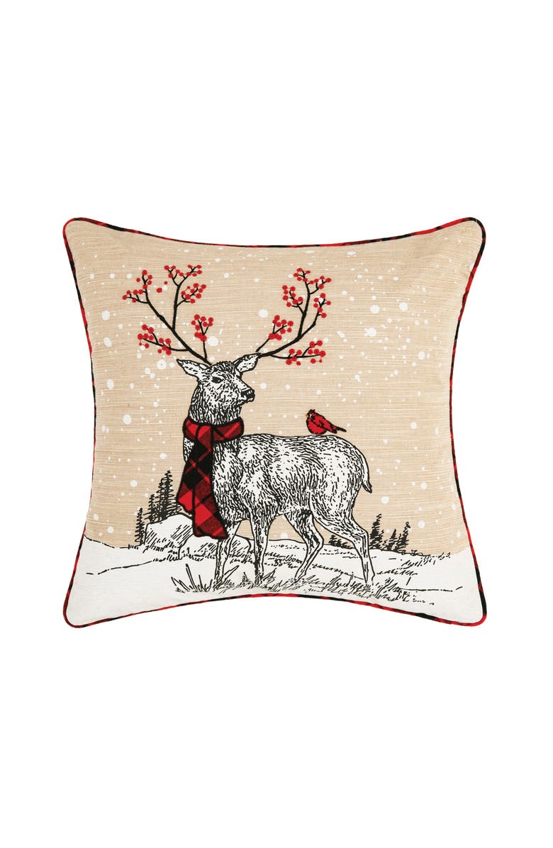 C&F Home Christmas Woodland Reindeer Indoor/Outdoor Accent Throw Pillow 18" x 18", Main, color, Beige