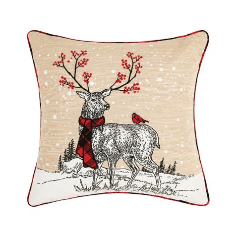 Deer Embroidered and Printed Christmas Throw Pillow, 18" x 18"