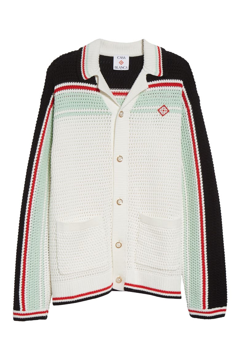 Camp Collar Long Sleeve Cotton Crochet Cardigan, Alternate, color, WHITE/ BLACK MULTI