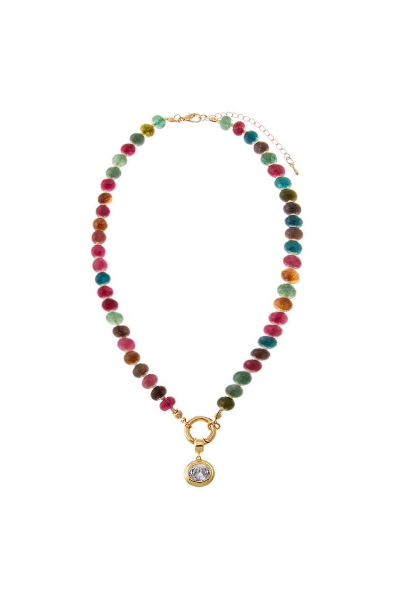 Colored Natural Stone Beaded /CZ Oval Bezel Charm Necklace, Alternate, color, Multi-Color