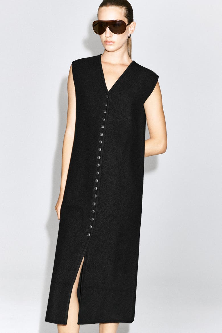 Buttoned Boiled Merino Wool Dress, Alternate, color, BLACK