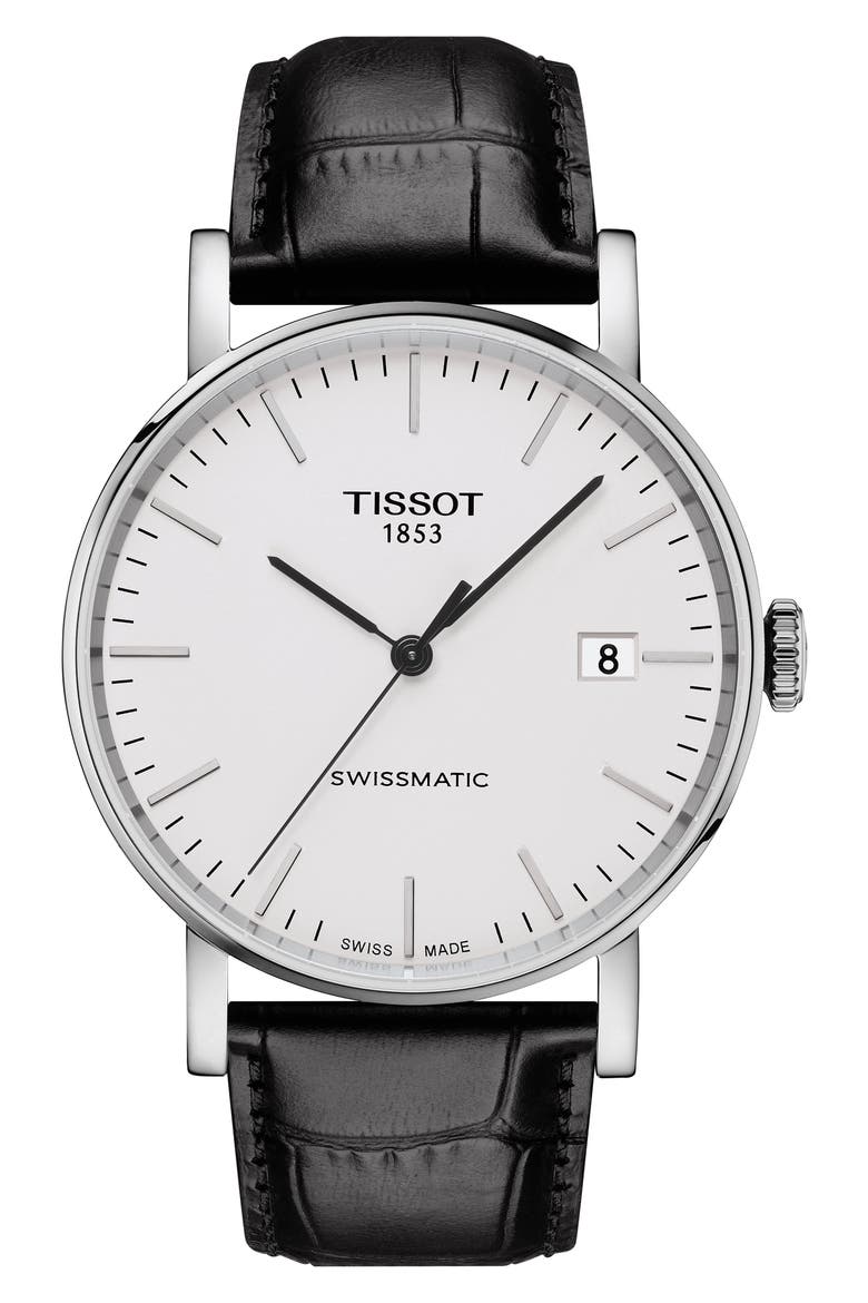 Everytime Swissmatic Leather Strap Watch, 40mm, Main, color, BLACK/ SILVER