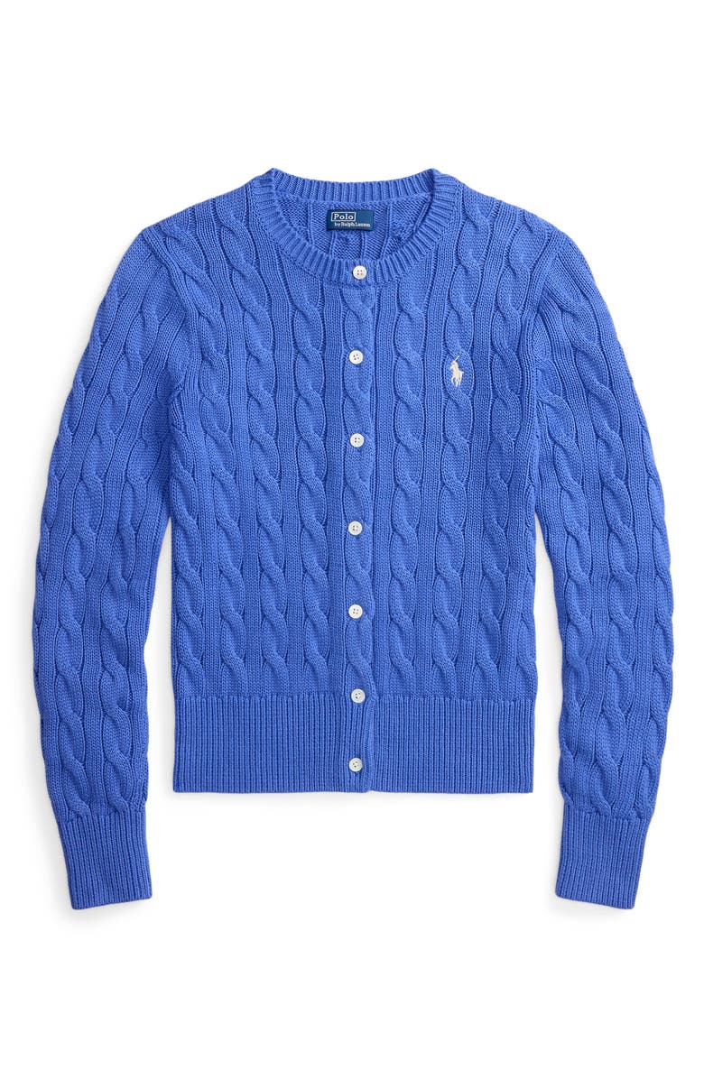 Polo Ralph Lauren Cable Knit Cotton Crewneck Cardigan, Alternate, color, Indigo Sky