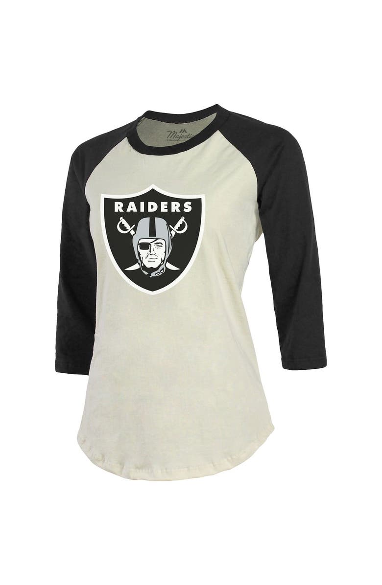 Majestic Threads Women's Fanatics Branded Josh Jacobs Cream/Black Las Vegas Raiders Player Raglan Name & Number 3/4-Sleeve T-Shirt, Alternate, color, 