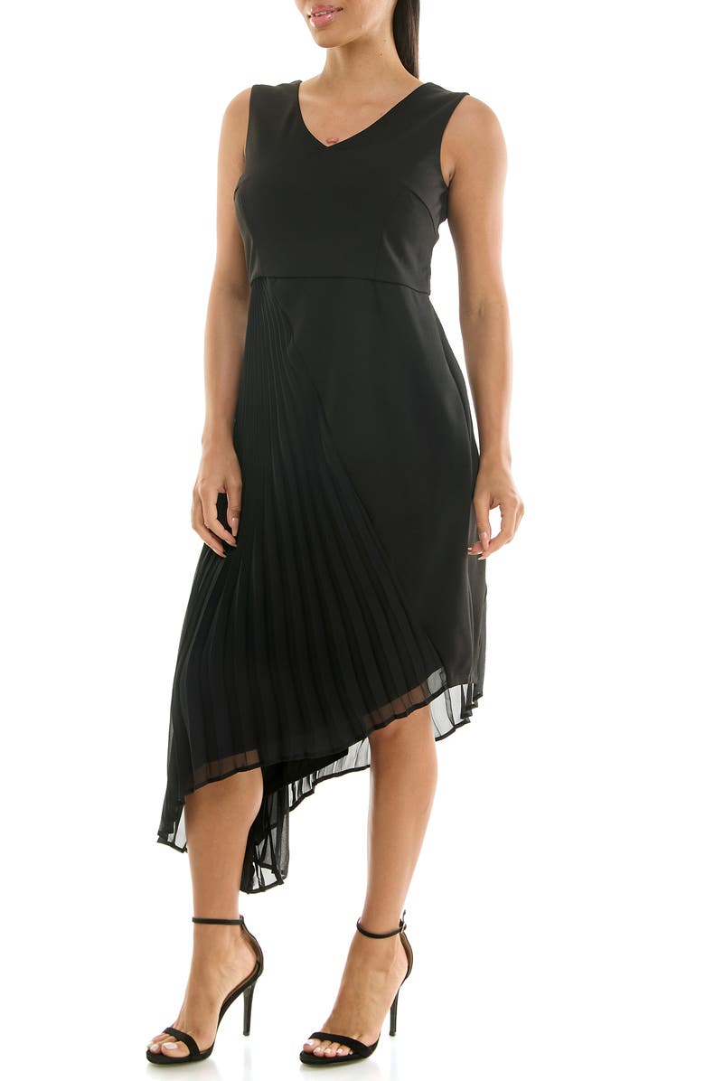 Nina Leonard Asymmetric Pleated Midi Dress, Alternate, color, Black/ Black