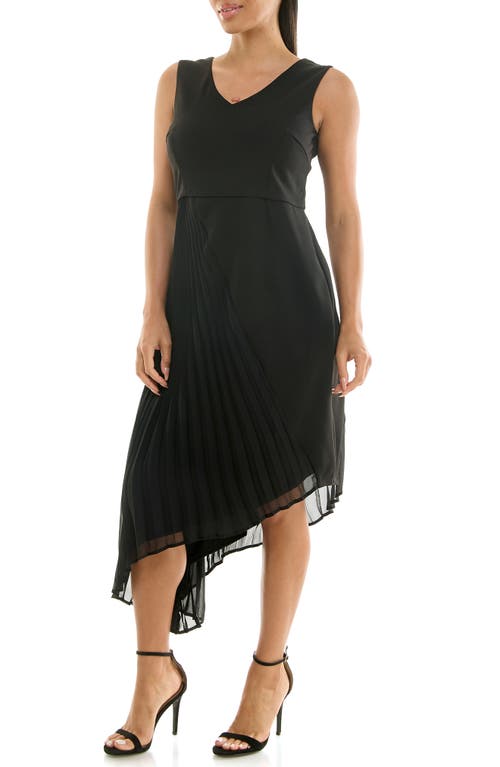 Nina Leonard Asymmetric Pleated Midi Dress In Black/black