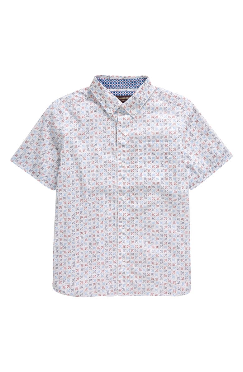 Johnston & Murphy Kids' Airplane Print Short Sleeve Cotton Button-Down Shirt, Main, color, 