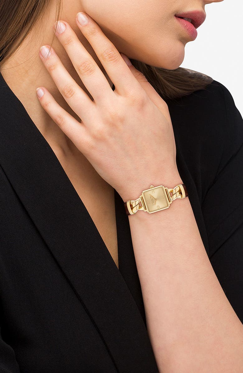 COACH Cass Leather Strap Bracelet Watch, 22mm, Alternate, color, Gold