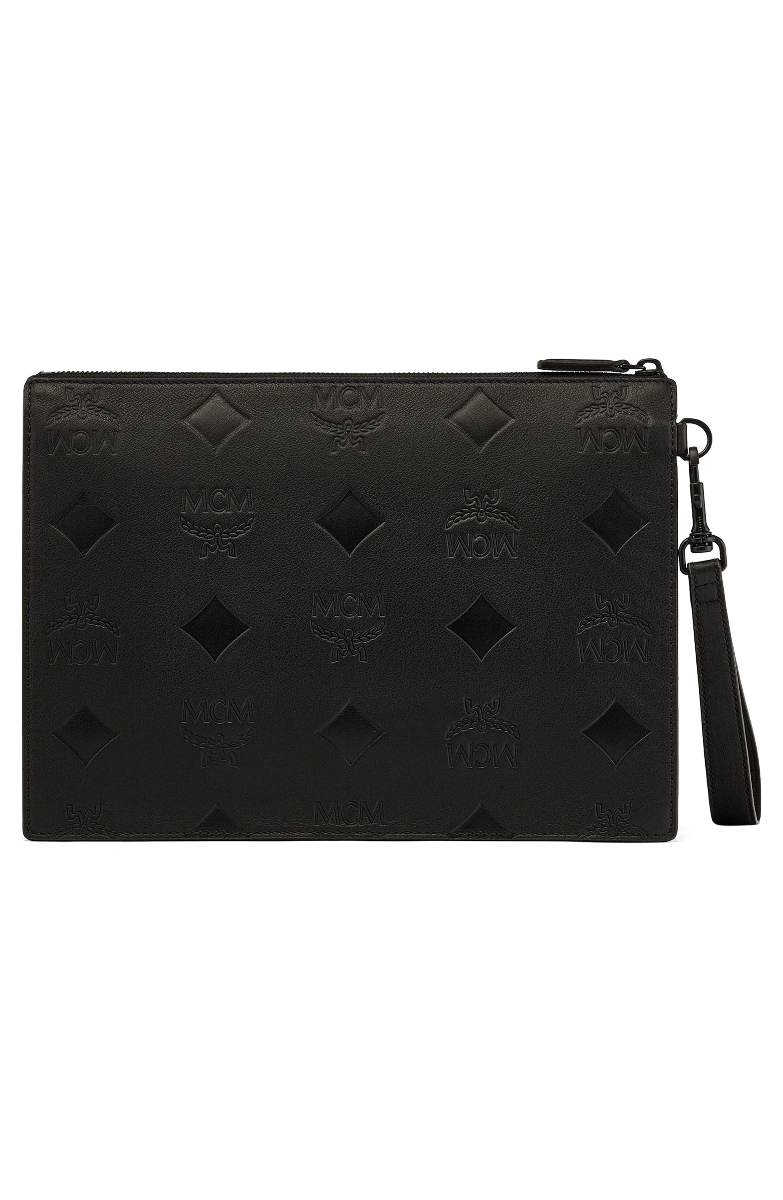 Maxi Aren Embossed Leather Wristlet Pouch, Alternate, color, BLACK