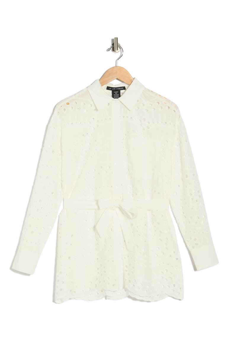 Eyelet Tie Waist Tunic Shirt, Alternate, color, WHITE