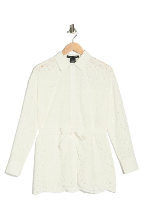 Eyelet Tie Waist Tunic Shirt