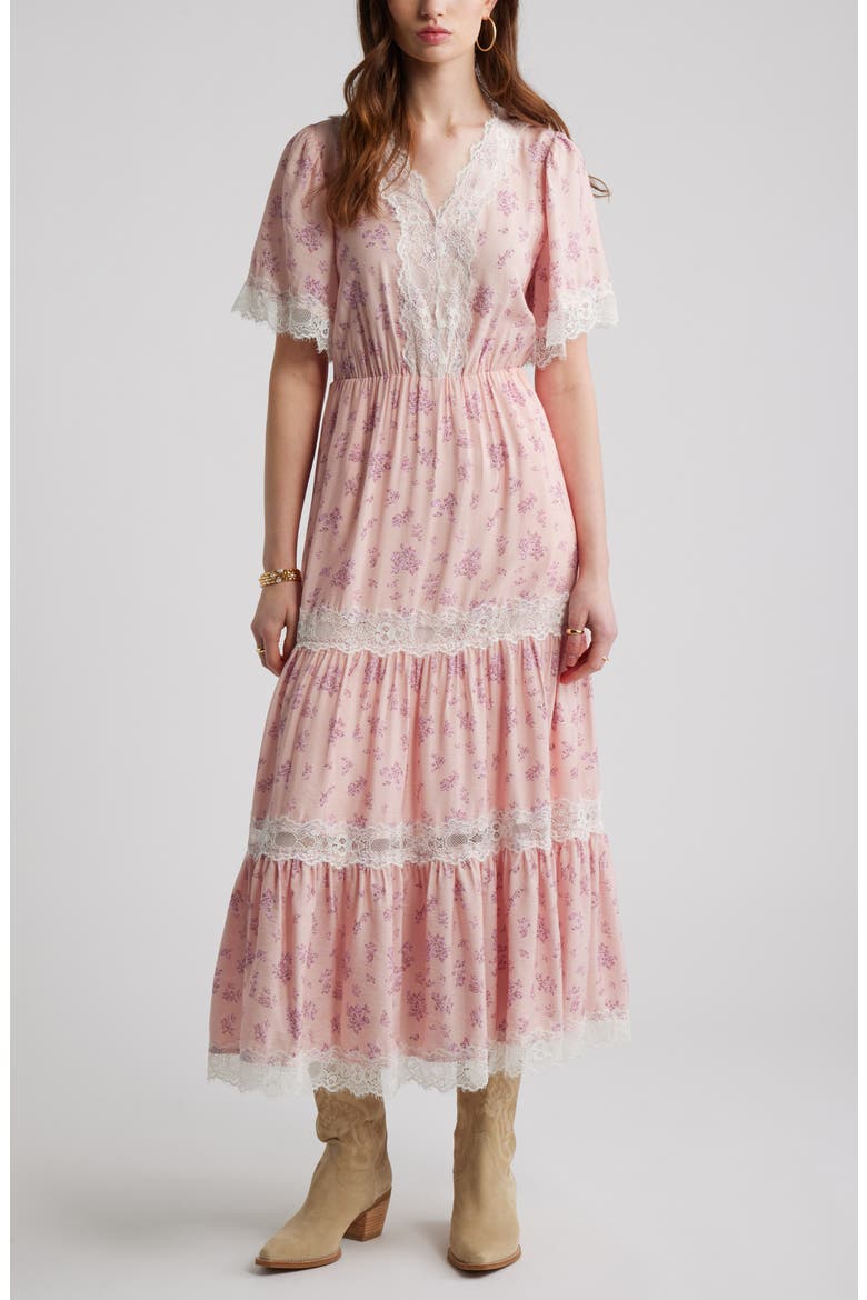 Garden Lace Trim Tiered Maxi Dress, Main, color, PINK LAYERED SPRIGS