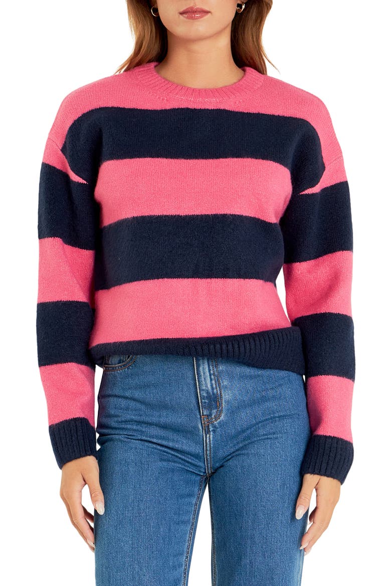 Bold Stripe Crewneck Sweater, Main, color, PINK/ NAVY