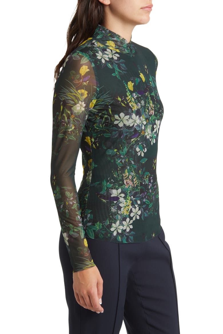 Kellina Floral Print Mesh Turtleneck Top, Alternate, color, BLACK