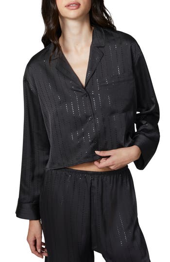 Shop Florence By Mills Stardust Satin Crop Pajama Shirt In Black