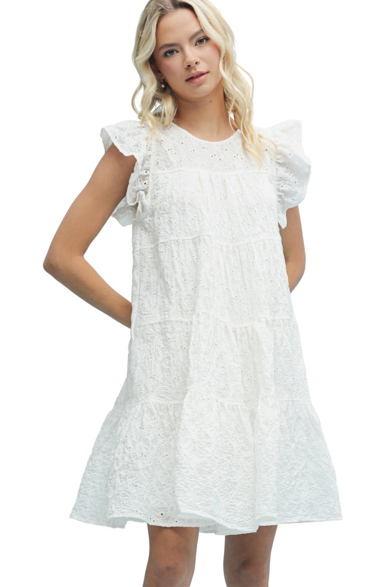 Embroidered Eyelet Ruffle Cap Sleeve Babydoll Minidress, Alternate, color, OFF WHITE