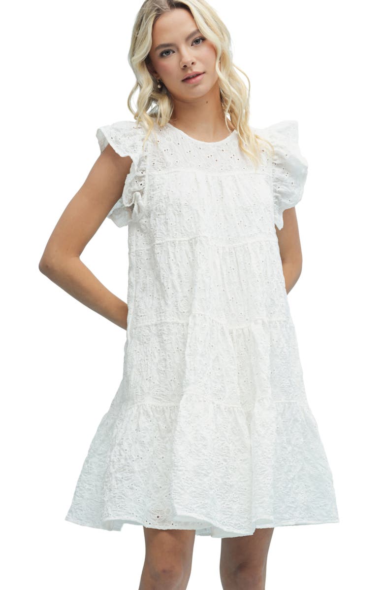 WISHLIST Embroidered Eyelet Ruffle Cap Sleeve Babydoll Minidress, Alternate, color, Off White