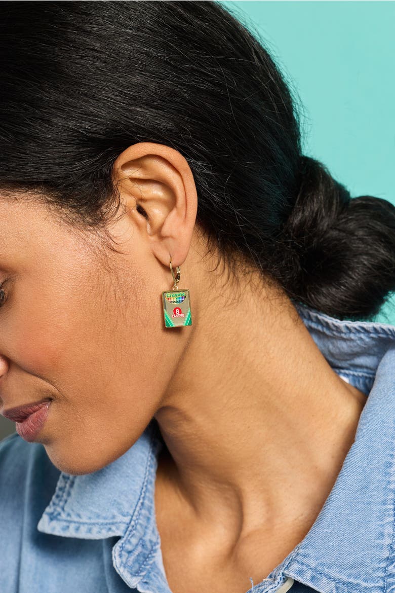 Crayola 'To Teach Is To Color A Life Forever' Crayon Box Earrings, Alternate, color, Gold