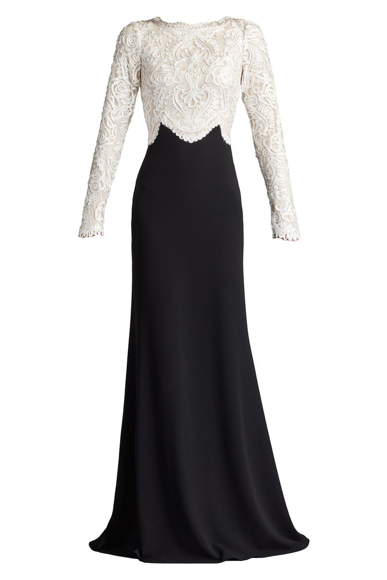 Scroll Lace Long Sleeve Crepe Gown, Alternate, color, IVORY/ BLACK