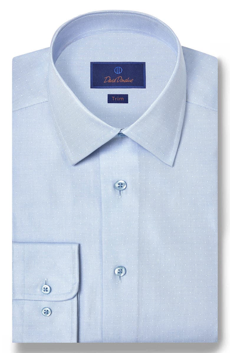 David Donahue Trim Fit Pin Dot Light Blue Cotton & Silk Dobby Dress Shirt, Main, color, Sky
