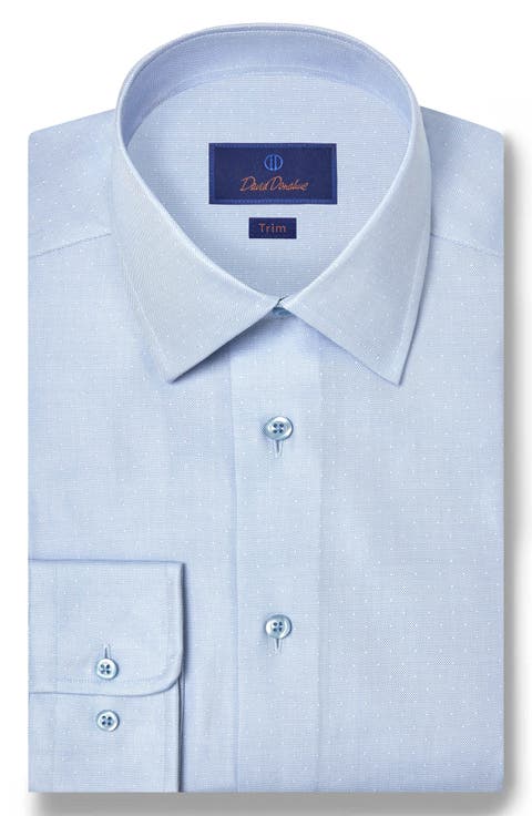 Trim Fit Pin Dot Light Blue Cotton & Silk Dobby Dress Shirt