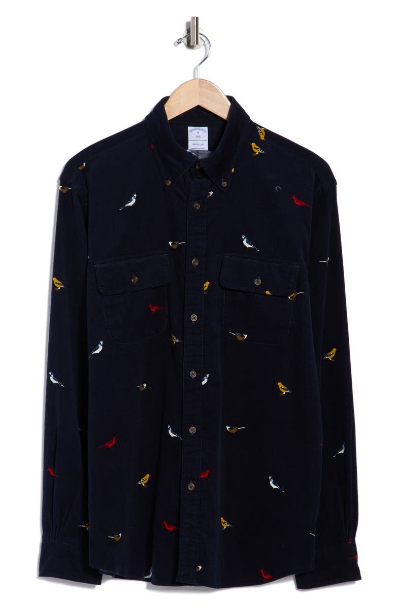 Brooks Brothers Regular Fit Bird Print Button-Up Shirt, Alternate, color, Navy