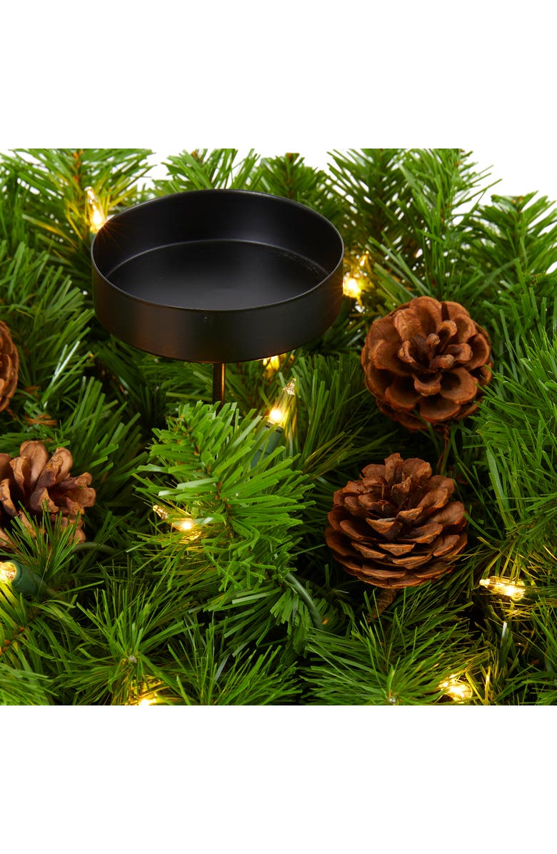 NEARLY NATURAL 30-in Christmas Artificial Pine Triple Candelabrum with 35 Clear Lights and Pine Cones, Alternate, color, Green