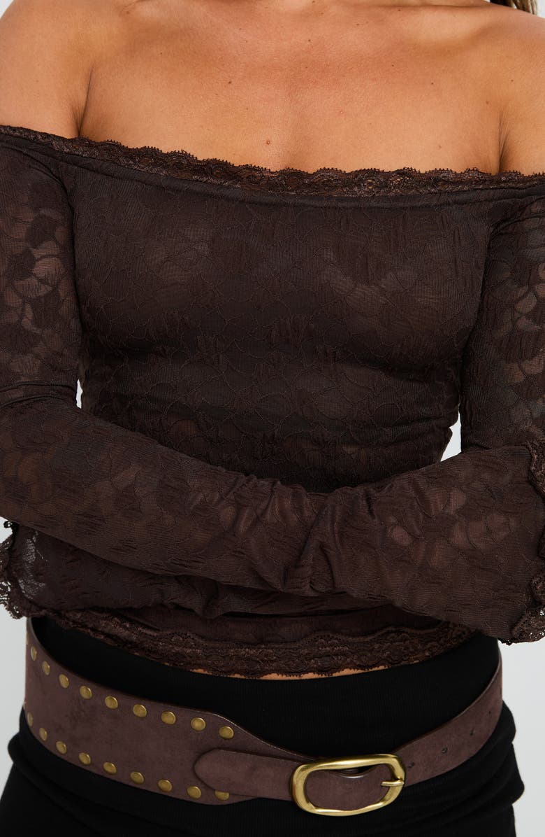Princess Polly Mochapella Off the Shoulder Lace Top, Alternate, color, Brown